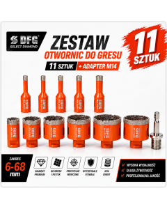  Zestaw otwornic do gresu 11 szt. (6–68 mm) + adapter M14