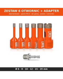 Zestaw 6 otwornic diamentowych ( 6 -20 mm ) M14 HEX do gresu i ceramiki DFG