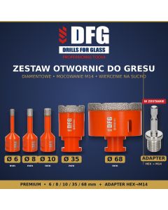 Otwornice diamentowe do gresu DFG – zestaw 5 szt. (6/8/10/35/68 mm) + adapter M14