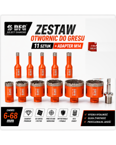 Profesjonalny zestaw otwornic diamentowych do gresu 11 szt. (6–68 mm) + adapter M14