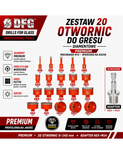 DFG Zestaw 20 Otwornic Diamentowych do Gresu M14 6-140 mm + Adapter HEX