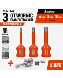 Zestaw 3 otwornic diamentowych DFG 6/8/10mm do gresu szkła M14 + adapter