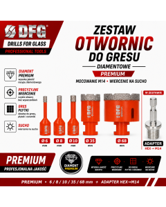 Otwornice diamentowe do gresu DFG – zestaw 5 szt. (6/8/10/35/68 mm) + adapter M14