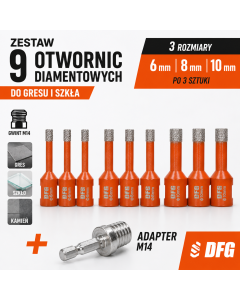 Zestaw 9 otwornic diamentowych DFG 6/8/10mm do gresu szkła M14 + adapter